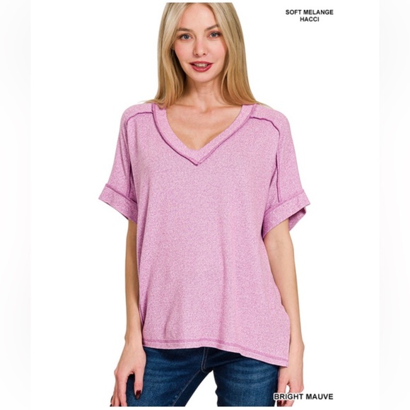 Zenana Tops - 396 ❤️ZENANA SOFT MELANGE HACCI V-NECK SHORT SLEEVE HI-LOW TEE
